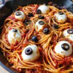 Bloody Spaghetti with Mozzarella Eyeballs for Halloween