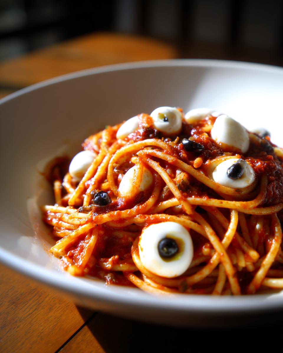 Bloody Spaghetti with Mozzarella Eyeballs for Halloween - detail 3