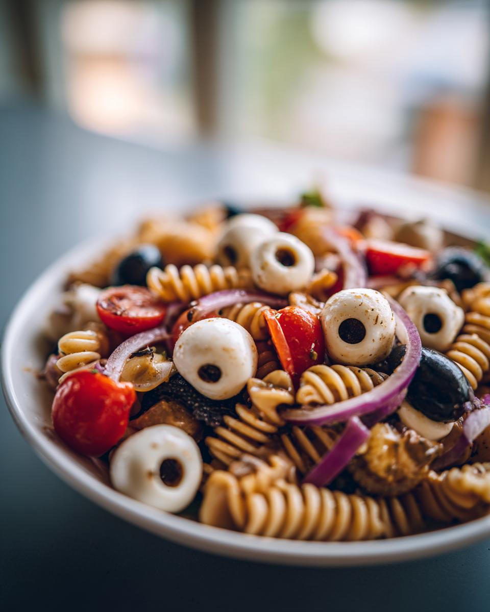 Spooky Pasta Salad with Mozzarella Eyeballs - detail 2
