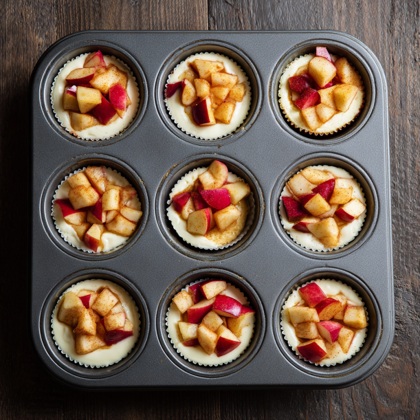 Cheesecakes topped with apple before baking