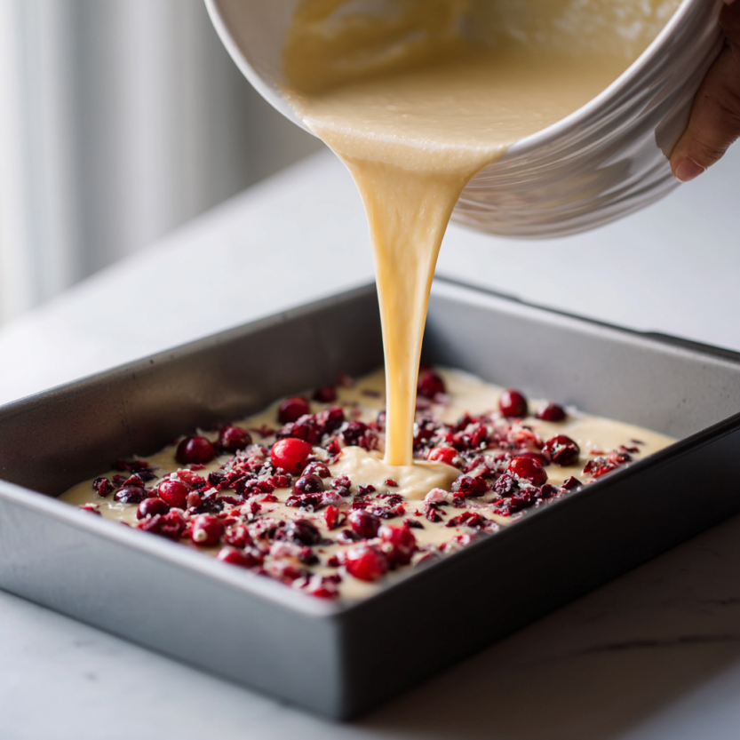 Cranberry bar batter in pan before baking