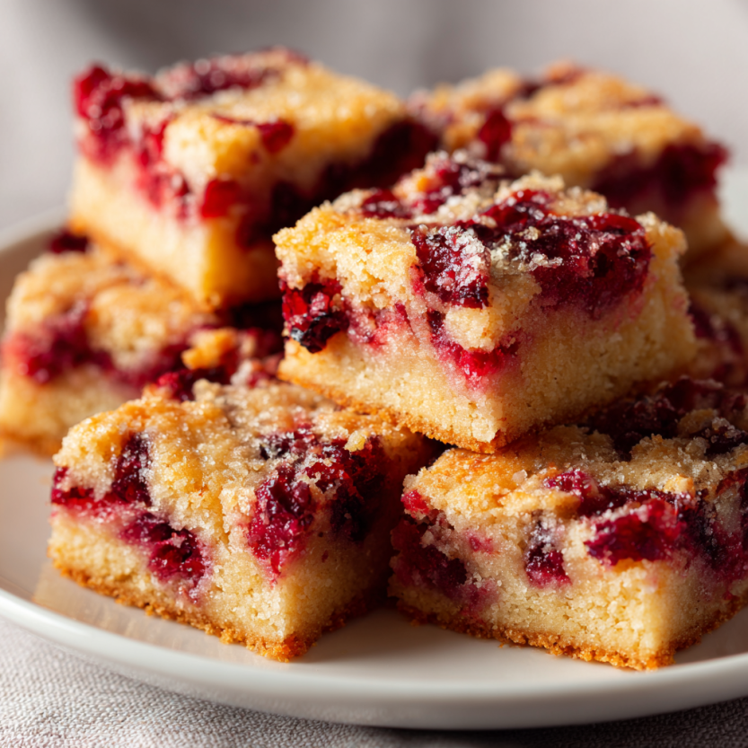 Sliced cranberry bars with golden top and cranberry specks