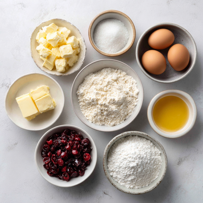 Ingredients for cranberry bars laid out on white surface