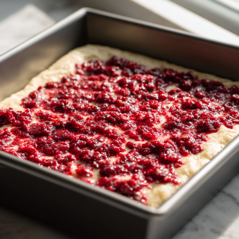 Amazing Moist Christmas Cranberry Bars, 100 Calories 6 Cranberry bars in pan before baking