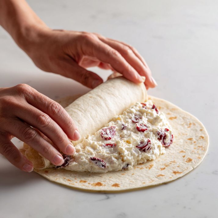 Festive Christmas Cranberry Roll Ups: Easy Holiday Treat 6 Filling cranberry roll-ups on tortilla