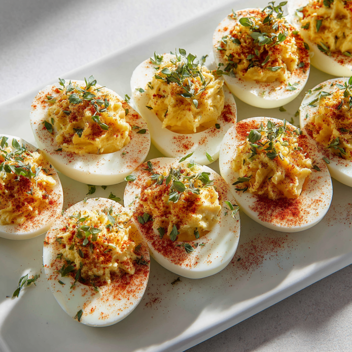 Deviled eggs garnished and served on platter