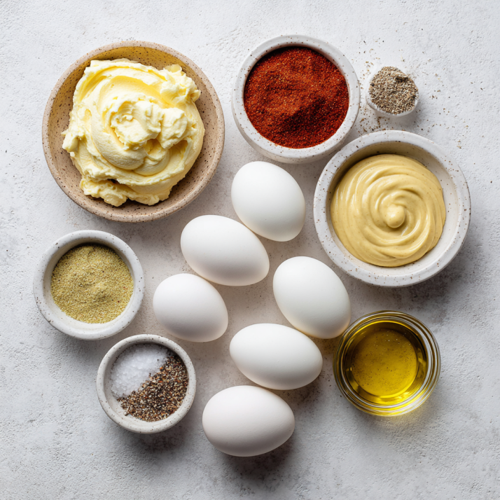 Deviled egg ingredients on white counter