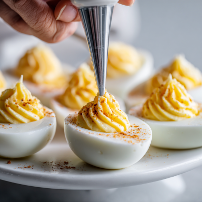 Filling deviled eggs on a platter
