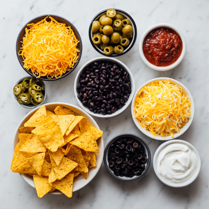 Amazing Halloween Nachos for Bewitching Party Food 5 Halloween nacho ingredients arranged flat on white background