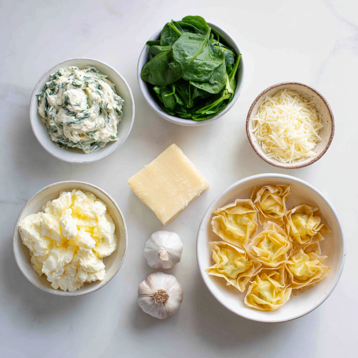 Amazing Spinach & Artichoke Wonton Cups: 10 5 Spinach, artichoke, and cheese ingredients laid out