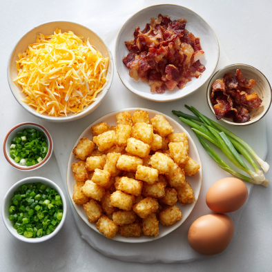Tater tots, cheese, bacon, and eggs arranged neatly
