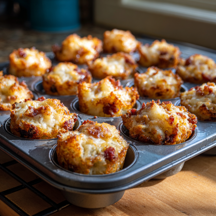 Melting cheesy tater tots with bacon in muffin tin