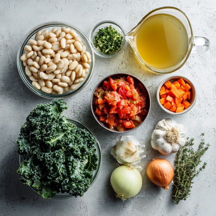 Ingredients for Tuscan white bean soup arranged in a modern kitchen