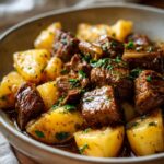 Slow Cooker Garlic Butter Beef Bites with Potatoes