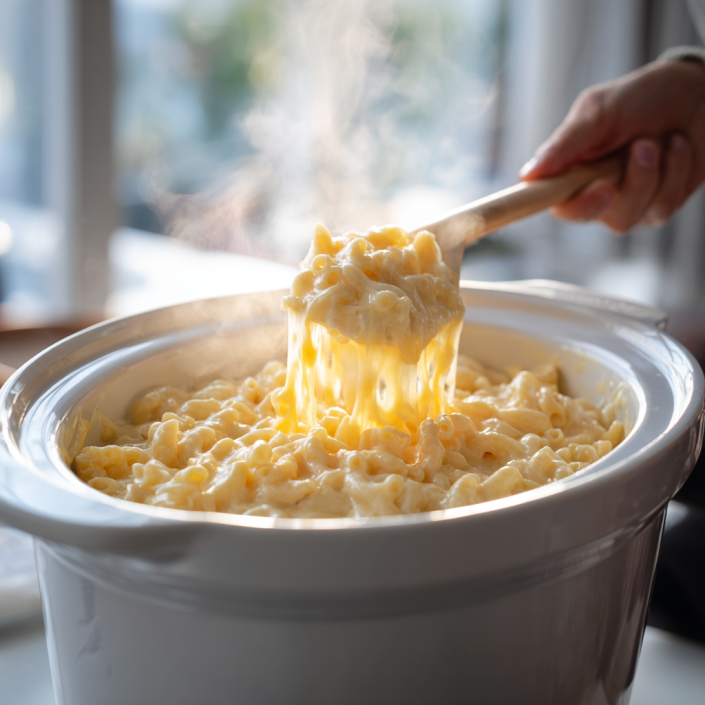 Crockpot full of creamy macaroni and cheese being stirred with steam rising