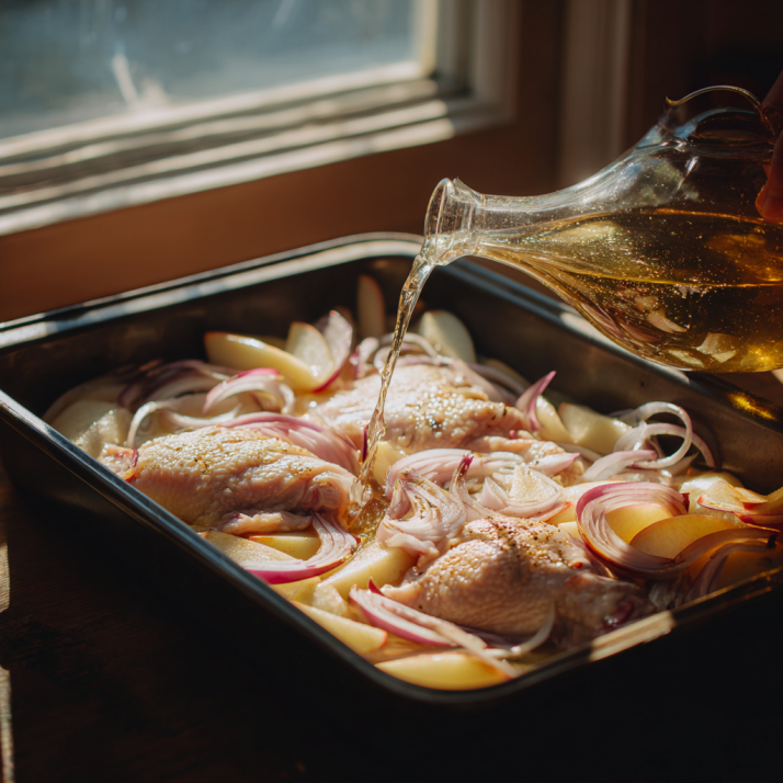 Amazing Rosemary Apple Cider Chicken 6 Apple cider being poured into a dish of raw chicken, apples, and onions