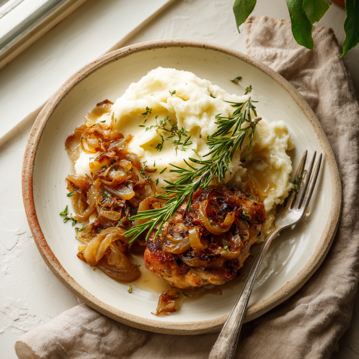 Amazing Rosemary Apple Cider Chicken 8 Plated rosemary apple cider chicken with mashed potatoes and onions