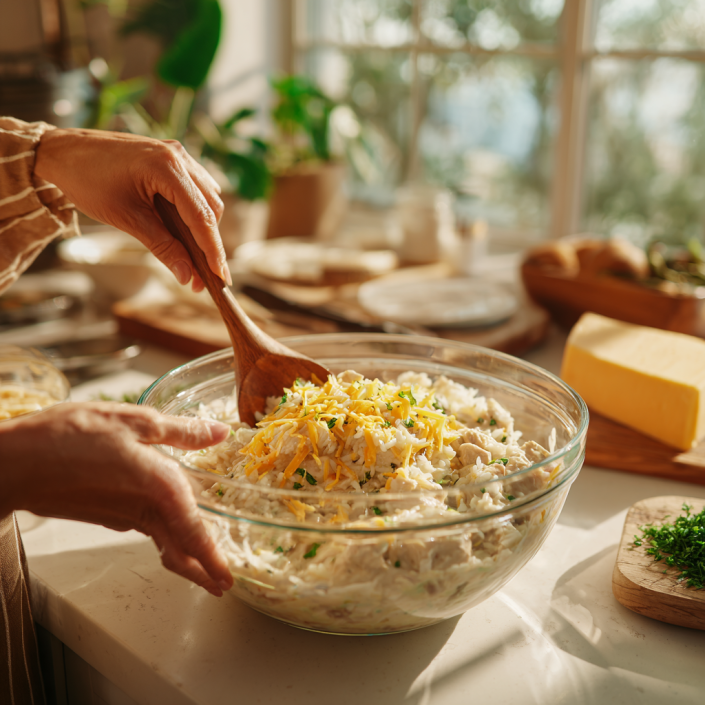 Stirring chicken and rice casserole mixture before baking