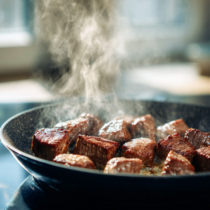 Searing beef cubes in a skillet with garlic butter under natural light