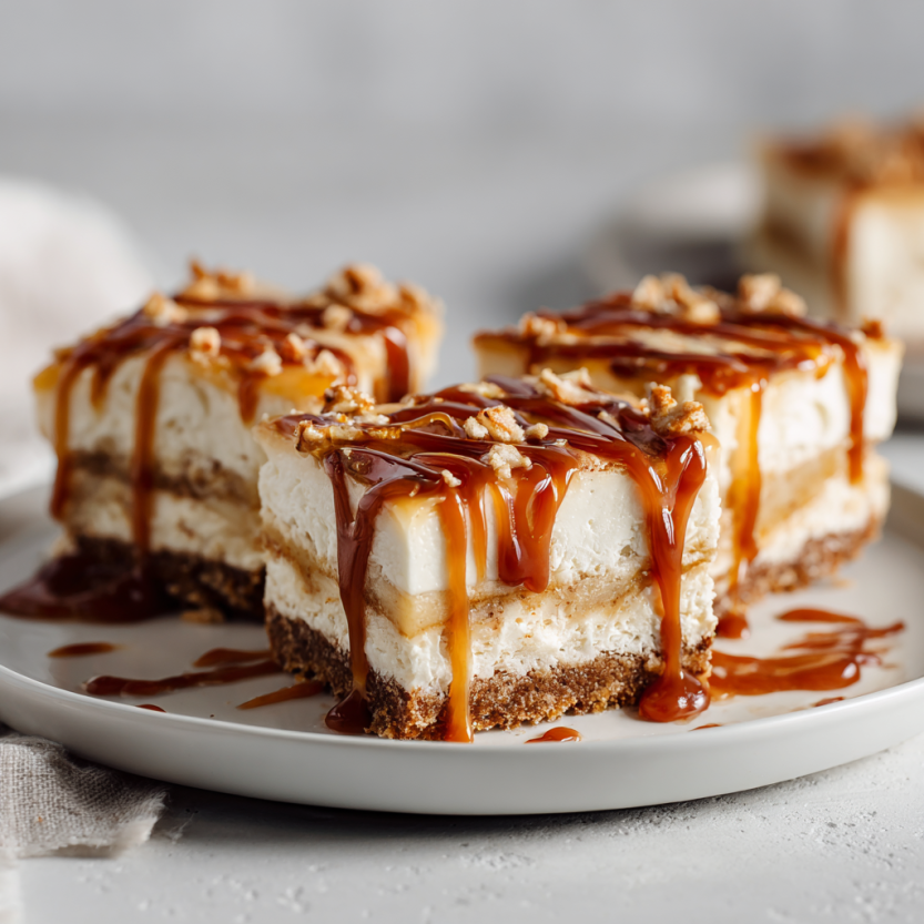 Finished caramel apple cheesecake squares plated