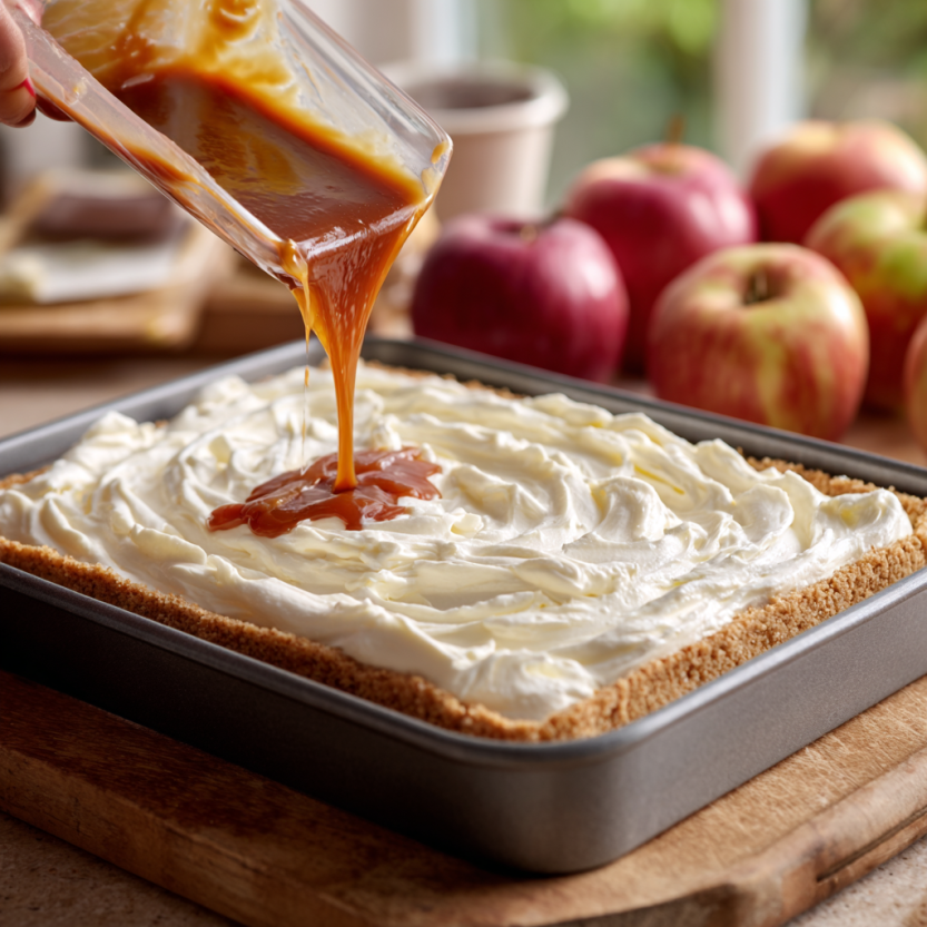 Cheesecake mixture with caramel and apples mid-layer