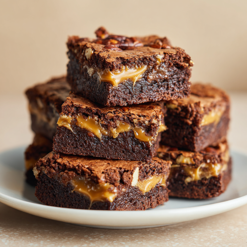 Fudgy caramel pecan brownies plated