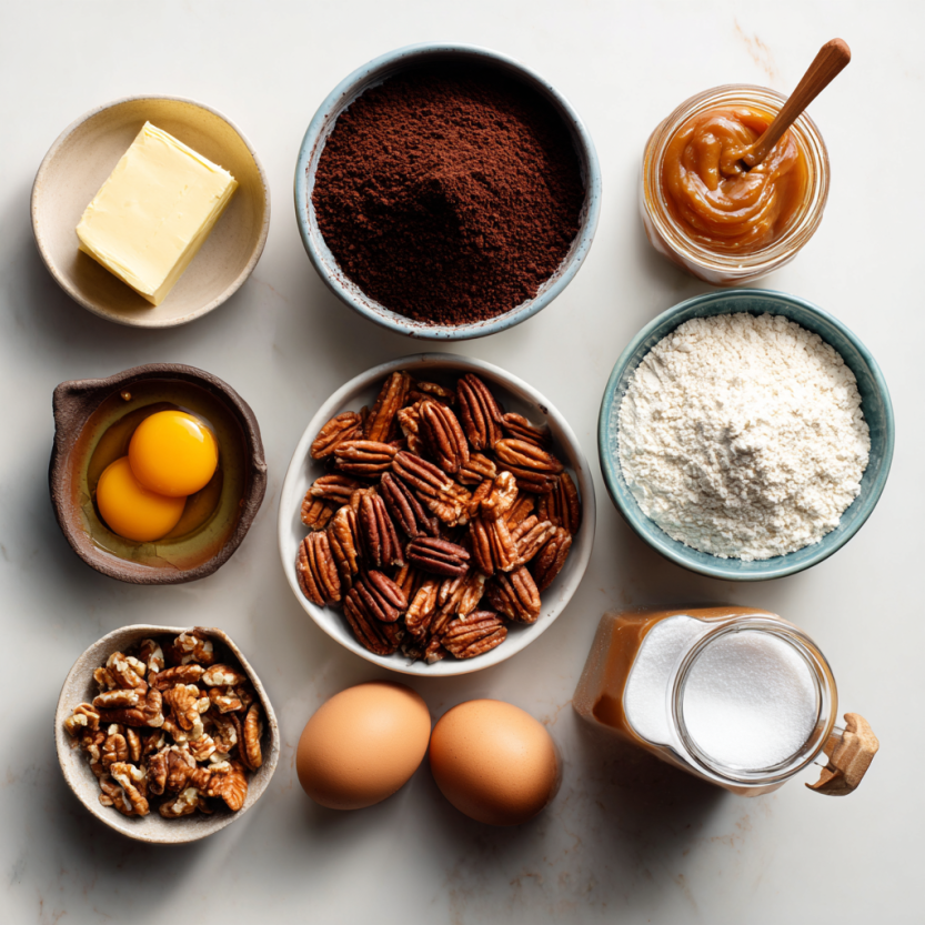 Brownie ingredients with pecans and caramel