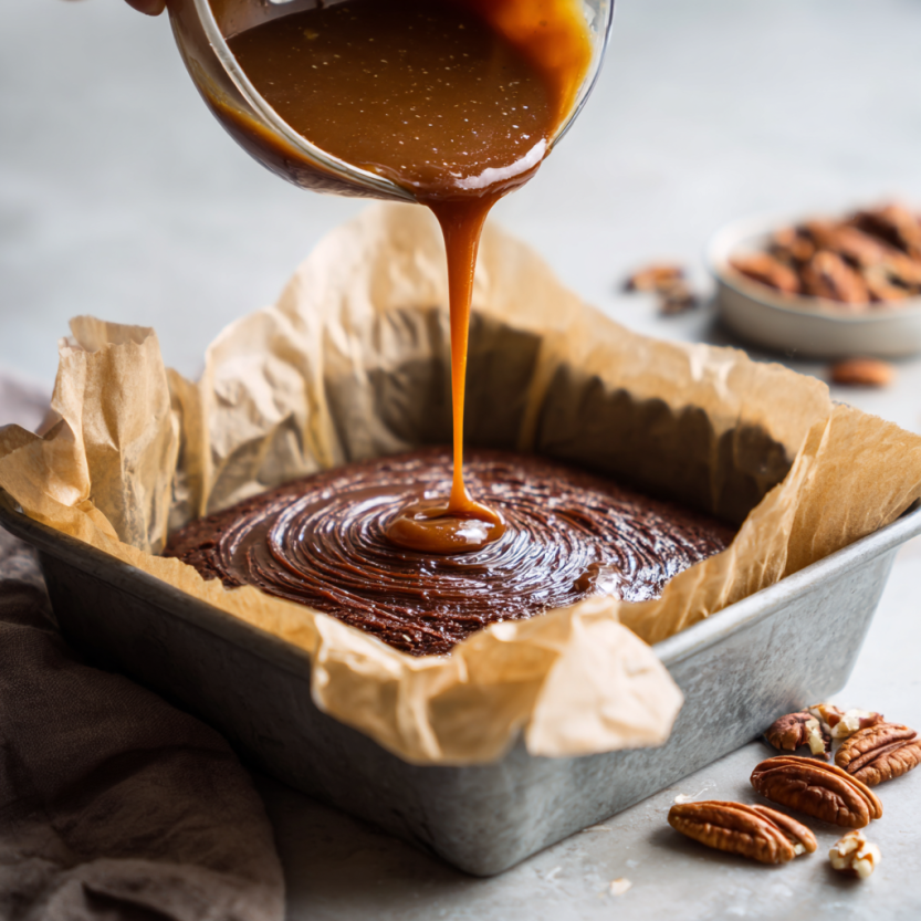 Swirling caramel into brownie batter