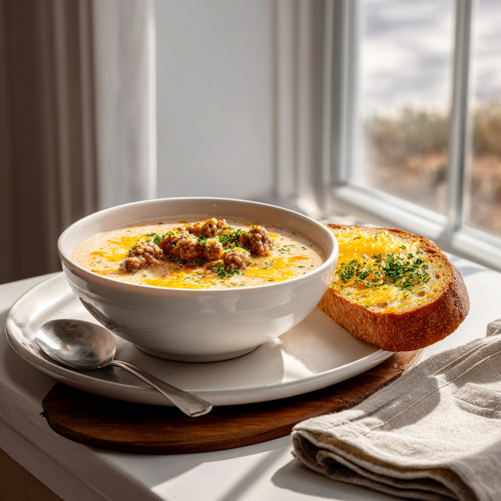 Creamy cheeseburger soup served with garlic bread on white plate