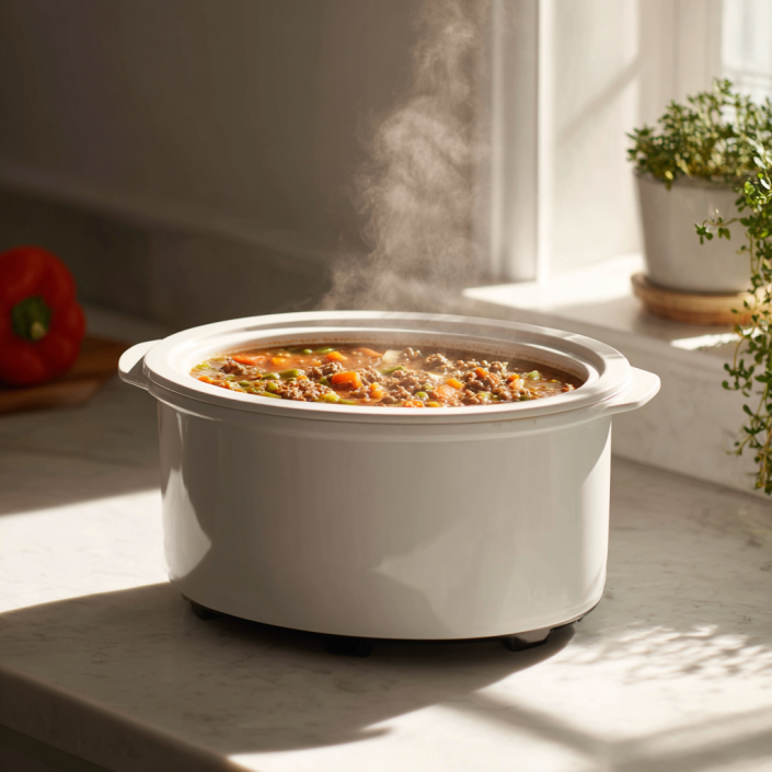 Cheeseburger soup simmering in a white slow cooker under natural light
