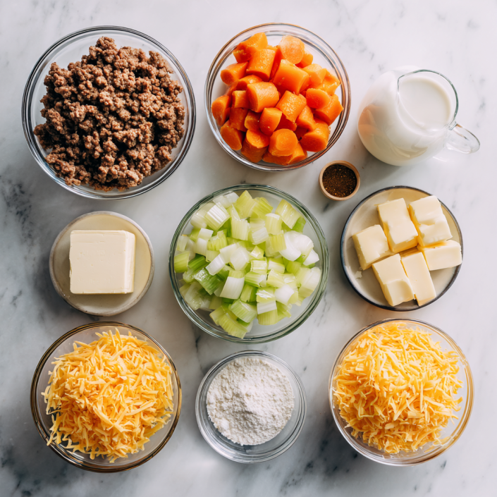 Ingredients for cheeseburger soup on a white marble counter
