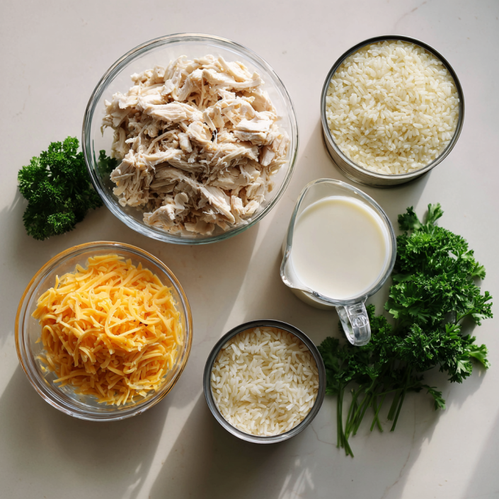 Ingredients for comforting chicken rice casserole arranged on kitchen counter