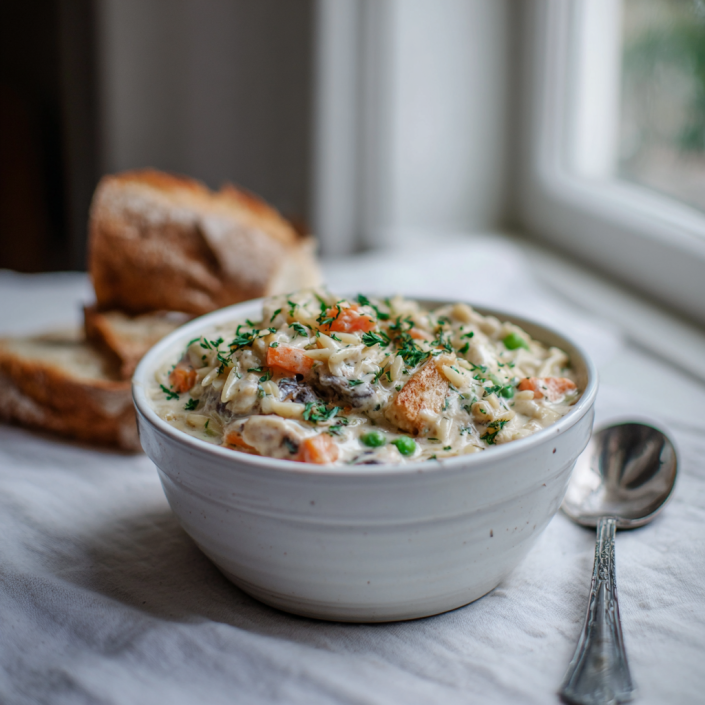 Creamy Chicken Pot Pie ORZO: 1 Cozy Meal 9 Creamy chicken orzo served with crusty bread on a white plate