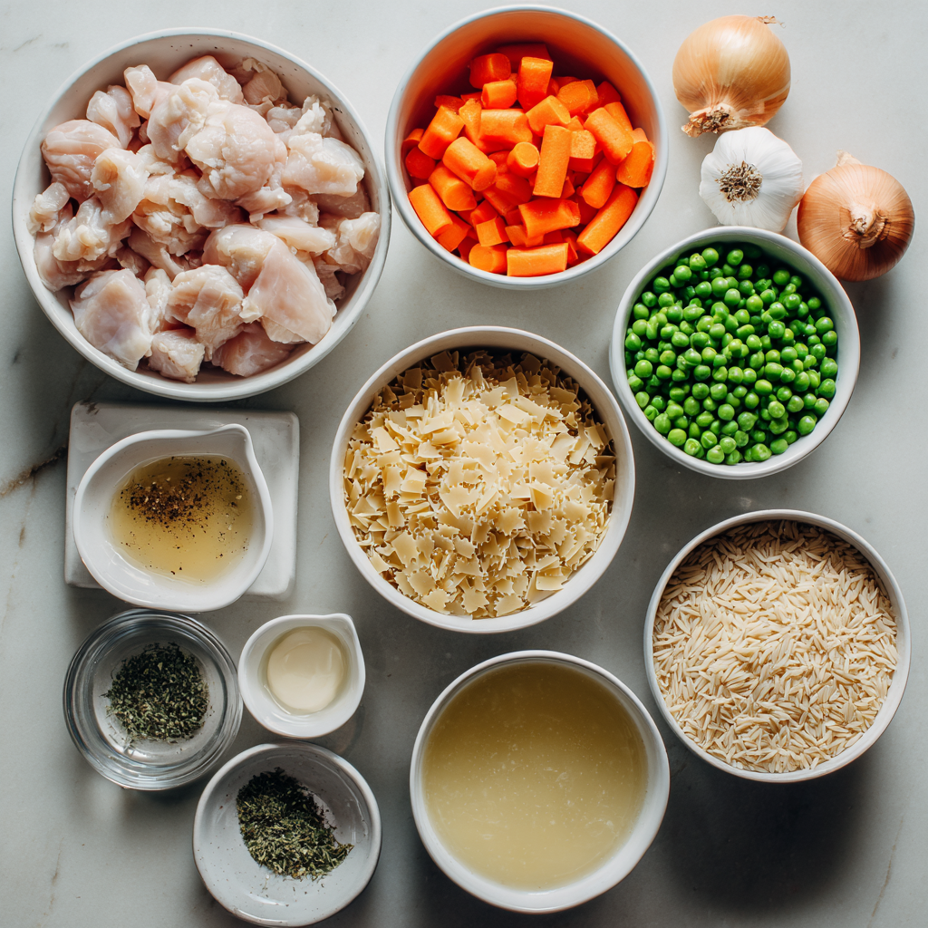 Creamy Chicken Pot Pie ORZO: 1 Cozy Meal 6 Ingredients for creamy chicken pot pie orzo arranged on a kitchen counter