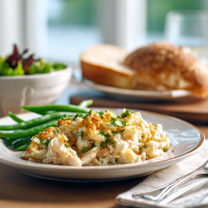 Serving of chicken rice casserole on a dinner plate with salad and green beans