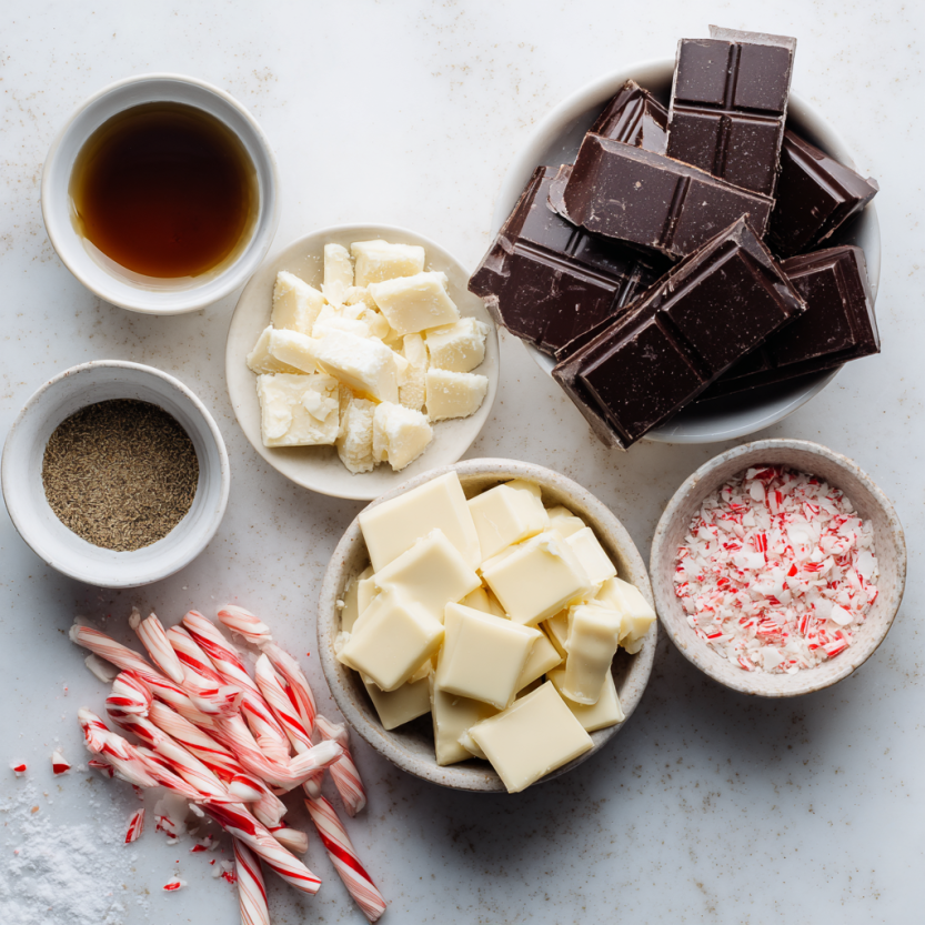 Amazing Chocolate Peppermint Bark: 20 Minutes 4 Chocolate peppermint bark ingredients flat lay