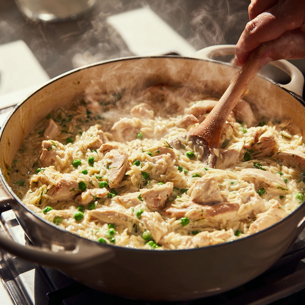 Creamy Chicken Pot Pie ORZO: 1 Cozy Meal 7 Creamy chicken pot pie orzo simmering in a Dutch oven on the stovetop