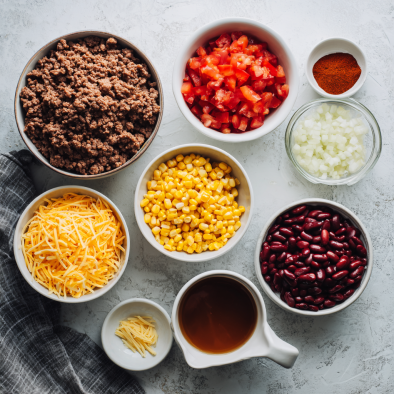 Amazing Slow Cooker Cowboy Casserole: 1 Hero Meal 5 Ingredients for cowboy casserole laid out on a bright kitchen countertop