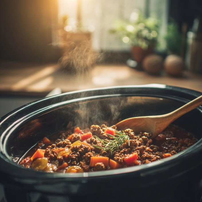 Amazing Slow Cooker Cowboy Casserole: 1 Hero Meal 6 Ground beef and ingredients being stirred in a slow cooker with window light