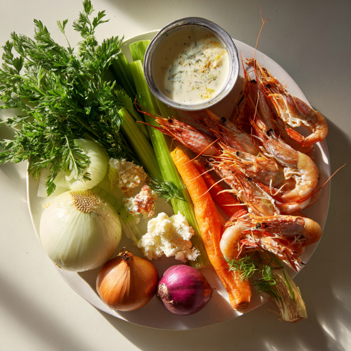 Delicious Crab and Shrimp Seafood Bisque: 5 Star Taste 5 Ingredients for crab and shrimp seafood bisque arranged on marble