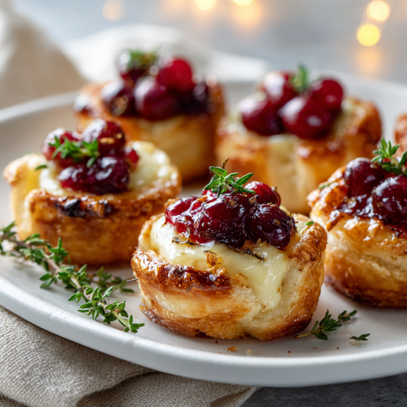 Amazing 5-Ingredient Baked Cranberry Brie Bites 8 Golden cranberry brie bites plated
