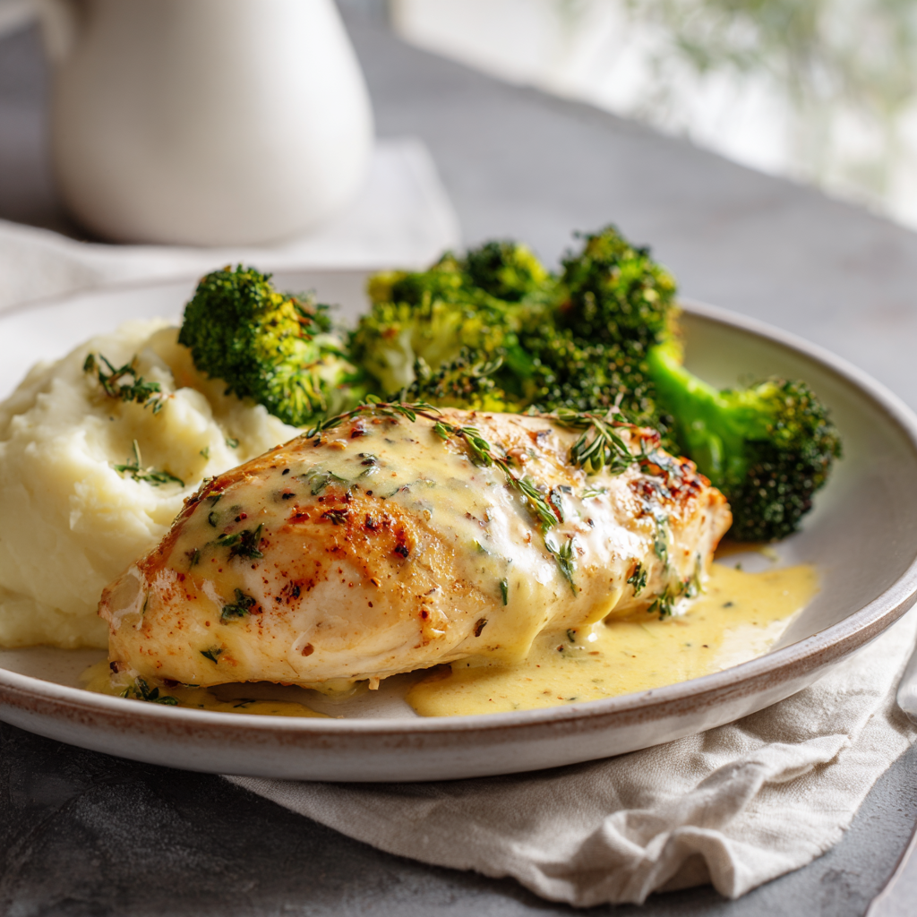 Amazing Cream Cheese Chicken: 1 Step Miracle 8 Baked cream cheese chicken breast plated with mashed potatoes and broccoli