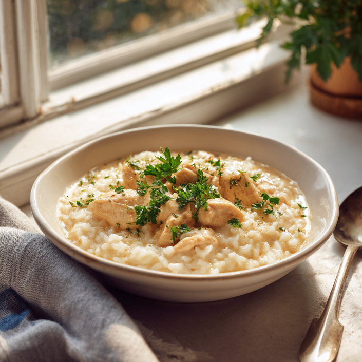 Best Instant Pot Creamy Chicken and Rice 8 Bowl of creamy chicken and rice garnished with parsley