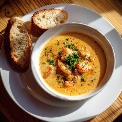 Delicious Crab and Shrimp Seafood Bisque: 5 Star Taste 8 Creamy crab and shrimp seafood bisque in a bowl with parsley