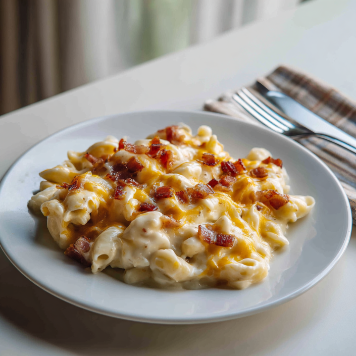 Plate of creamy mac and cheese topped with crispy bacon bits
