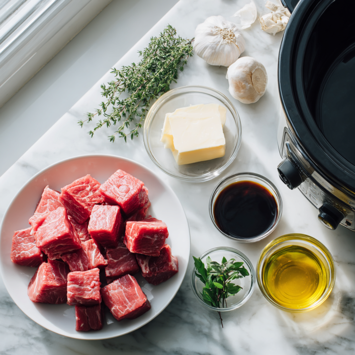 Ingredients for garlic butter beef bites including beef, garlic, butter, and herbs