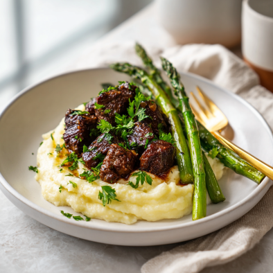 Garlic butter beef bites served over mashed potatoes and asparagus