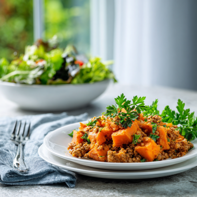 Amazing Easy Ground Turkey Sweet Potato Bake: 1 Pan 7 Plate of turkey sweet potato bake with parsley and salad on the side
