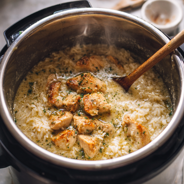 Best Instant Pot Creamy Chicken and Rice 6 Chicken and rice cooking in creamy sauce inside Instant Pot
