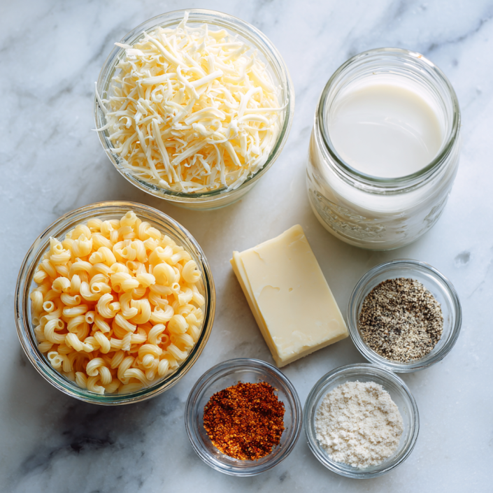 Flat lay of ingredients for creamy crockpot mac and cheese recipe